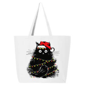 Christmas Lights Cat Black Fluffy Funny Santa Hat Cat 25L Jumbo Tote