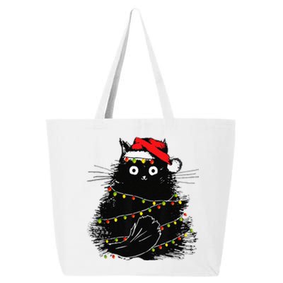 Christmas Lights Cat Black Fluffy Funny Santa Hat Cat 25L Jumbo Tote