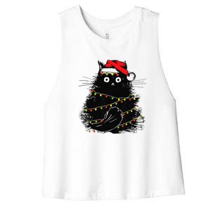 Christmas Lights Cat Black Fluffy Funny Santa Hat Cat Women's Racerback Cropped Tank