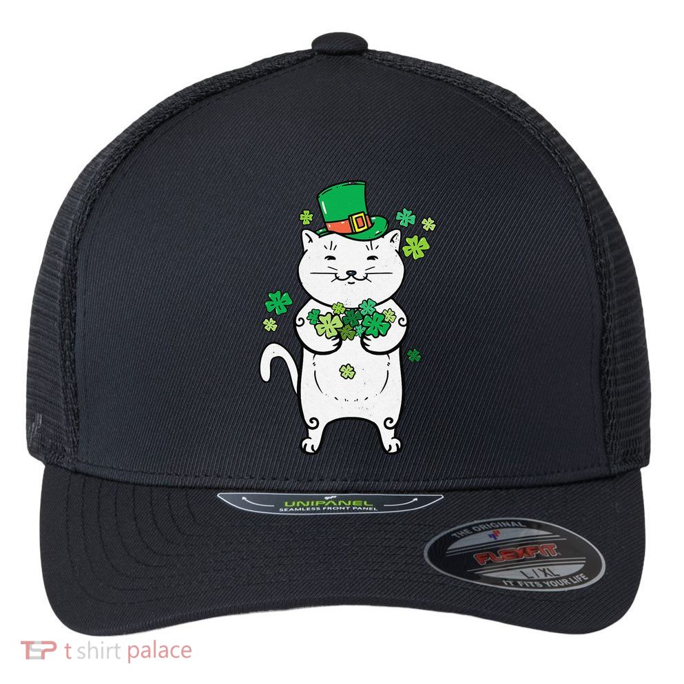 Cat Leprechaun Cat Lover Shamrock St Patrick's Day Flexfit Unipanel Trucker Cap