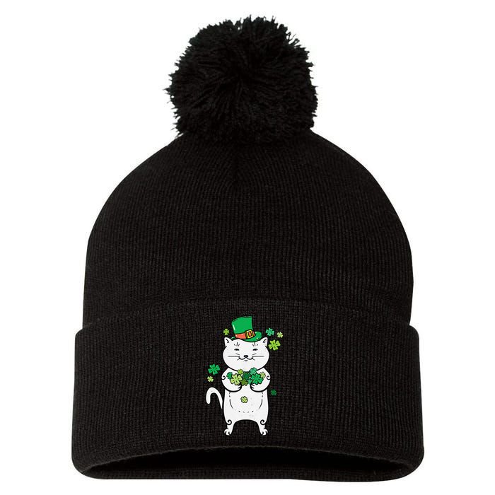 Cat Leprechaun Cat Lover Shamrock St Patrick's Day Pom Pom 12in Knit Beanie
