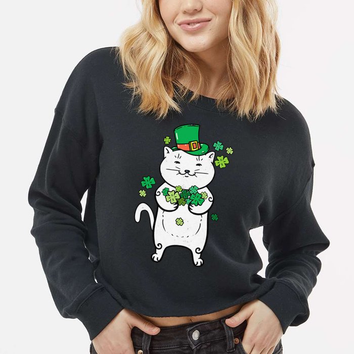 Cat Leprechaun Cat Lover Shamrock St Patrick's Day Cropped Pullover Crew