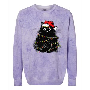 Christmas Lights Cat Black Fluffy Funny Santa Hat Cat Colorblast Crewneck Sweatshirt