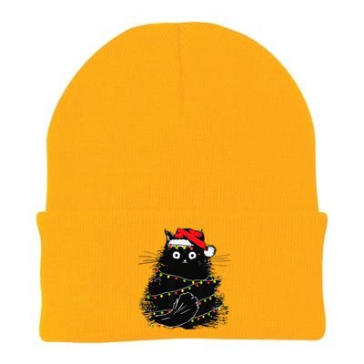 Christmas Lights Cat Black Fluffy Funny Santa Hat Cat Knit Cap Winter Beanie