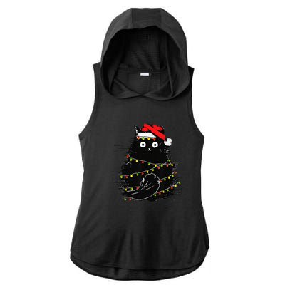 Christmas Lights Cat Black Fluffy Funny Santa Hat Cat Ladies PosiCharge Tri-Blend Wicking Draft Hoodie Tank