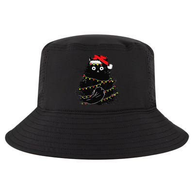 Christmas Lights Cat Black Fluffy Funny Santa Hat Cat Cool Comfort Performance Bucket Hat