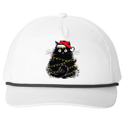 Christmas Lights Cat Black Fluffy Funny Santa Hat Cat Snapback Five-Panel Rope Hat