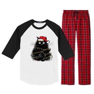 Christmas Lights Cat Black Fluffy Funny Santa Hat Cat Raglan Sleeve Pajama Set