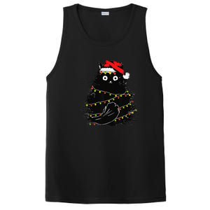 Christmas Lights Cat Black Fluffy Funny Santa Hat Cat PosiCharge Competitor Tank