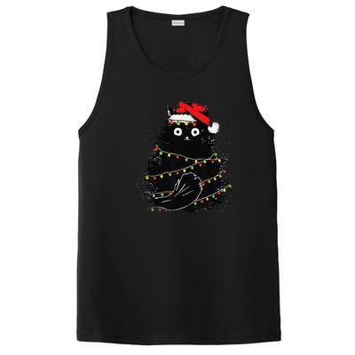 Christmas Lights Cat Black Fluffy Funny Santa Hat Cat PosiCharge Competitor Tank