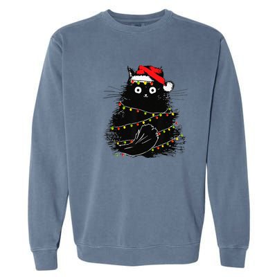 Christmas Lights Cat Black Fluffy Funny Santa Hat Cat Garment-Dyed Sweatshirt