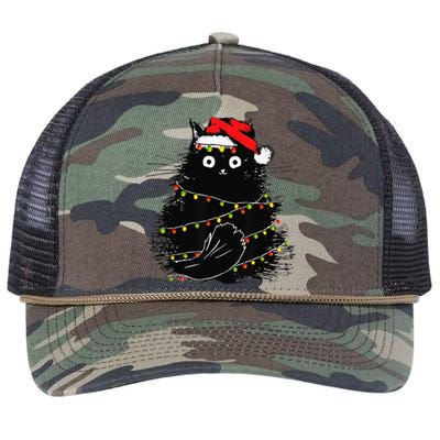 Christmas Lights Cat Black Fluffy Funny Santa Hat Cat Retro Rope Trucker Hat Cap