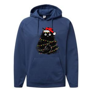 Christmas Lights Cat Black Fluffy Funny Santa Hat Cat Performance Fleece Hoodie