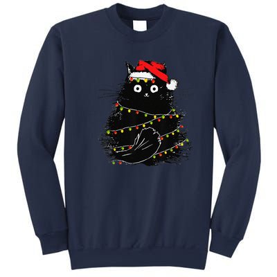 Christmas Lights Cat Black Fluffy Funny Santa Hat Cat Sweatshirt