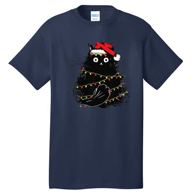 Christmas Lights Cat Black Fluffy Funny Santa Hat Cat Tall T-Shirt