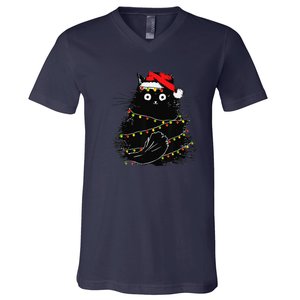 Christmas Lights Cat Black Fluffy Funny Santa Hat Cat V-Neck T-Shirt