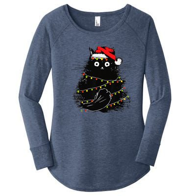 Christmas Lights Cat Black Fluffy Funny Santa Hat Cat Women's Perfect Tri Tunic Long Sleeve Shirt