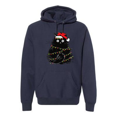 Christmas Lights Cat Black Fluffy Funny Santa Hat Cat Premium Hoodie