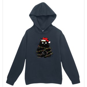 Christmas Lights Cat Black Fluffy Funny Santa Hat Cat Urban Pullover Hoodie