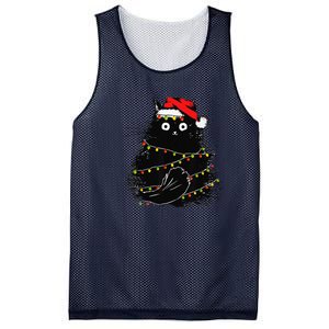 Christmas Lights Cat Black Fluffy Funny Santa Hat Cat Mesh Reversible Basketball Jersey Tank