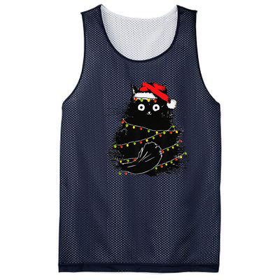 Christmas Lights Cat Black Fluffy Funny Santa Hat Cat Mesh Reversible Basketball Jersey Tank