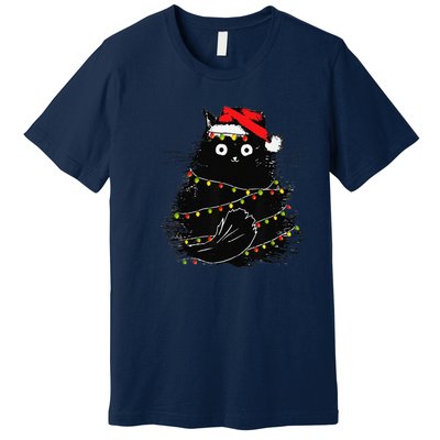 Christmas Lights Cat Black Fluffy Funny Santa Hat Cat Premium T-Shirt