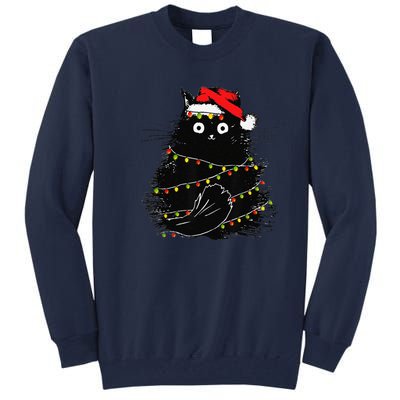 Christmas Lights Cat Black Fluffy Funny Santa Hat Cat Tall Sweatshirt