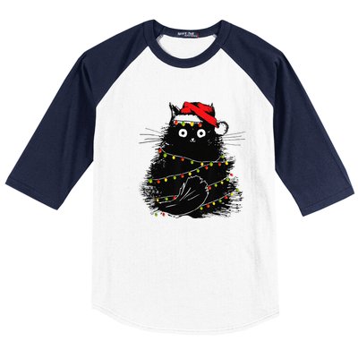 Christmas Lights Cat Black Fluffy Funny Santa Hat Cat Baseball Sleeve Shirt