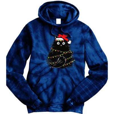 Christmas Lights Cat Black Fluffy Funny Santa Hat Cat Tie Dye Hoodie