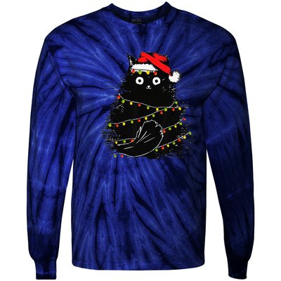 Christmas Lights Cat Black Fluffy Funny Santa Hat Cat Tie-Dye Long Sleeve Shirt