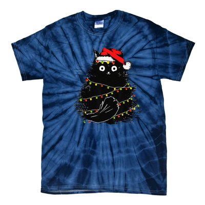 Christmas Lights Cat Black Fluffy Funny Santa Hat Cat Tie-Dye T-Shirt