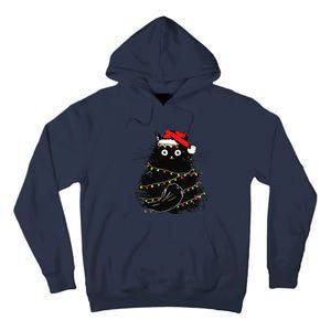 Christmas Lights Cat Black Fluffy Funny Santa Hat Cat Tall Hoodie