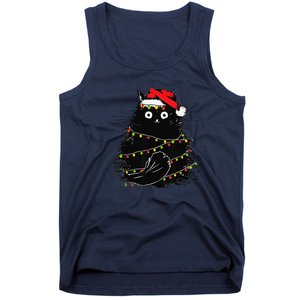 Christmas Lights Cat Black Fluffy Funny Santa Hat Cat Tank Top