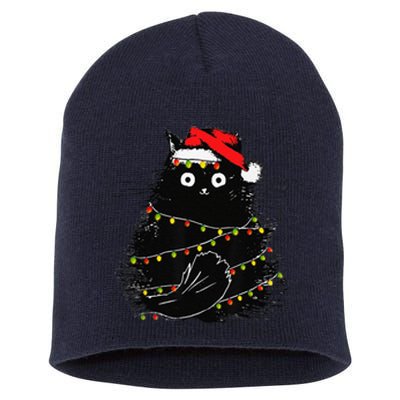 Christmas Lights Cat Black Fluffy Funny Santa Hat Cat Short Acrylic Beanie