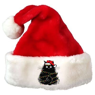 Christmas Lights Cat Black Fluffy Funny Santa Hat Cat Premium Christmas Santa Hat