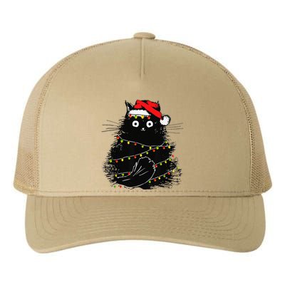 Christmas Lights Cat Black Fluffy Funny Santa Hat Cat Yupoong Adult 5-Panel Trucker Hat