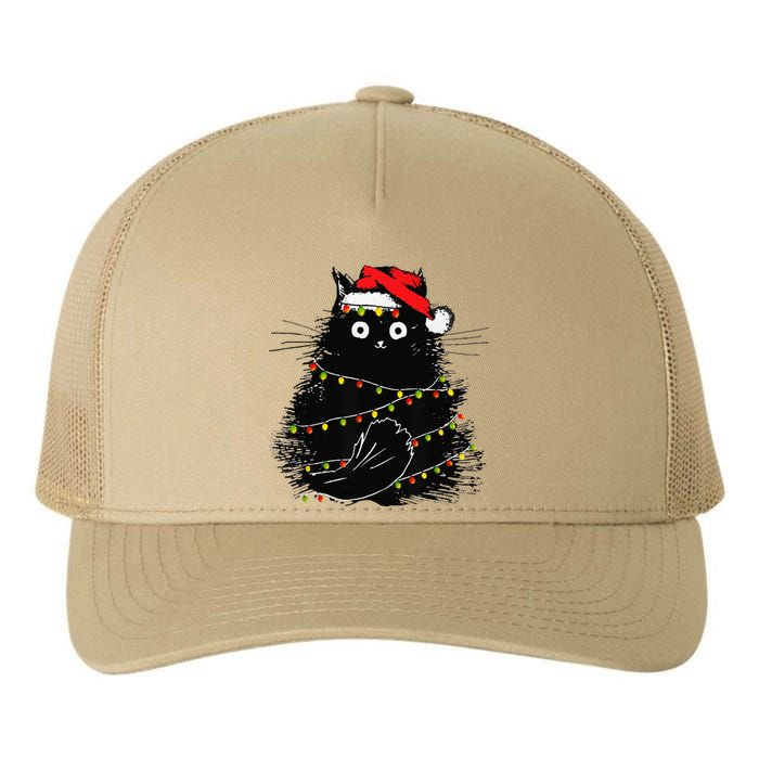 Christmas Lights Cat Black Fluffy Funny Santa Hat Cat Yupoong Adult 5-Panel Trucker Hat