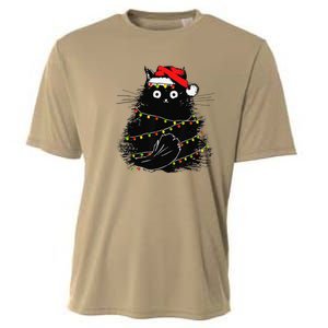 Christmas Lights Cat Black Fluffy Funny Santa Hat Cat Cooling Performance Crew T-Shirt