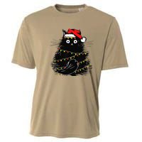 Christmas Lights Cat Black Fluffy Funny Santa Hat Cat Cooling Performance Crew T-Shirt