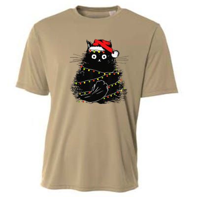 Christmas Lights Cat Black Fluffy Funny Santa Hat Cat Cooling Performance Crew T-Shirt