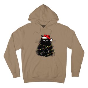 Christmas Lights Cat Black Fluffy Funny Santa Hat Cat Hoodie