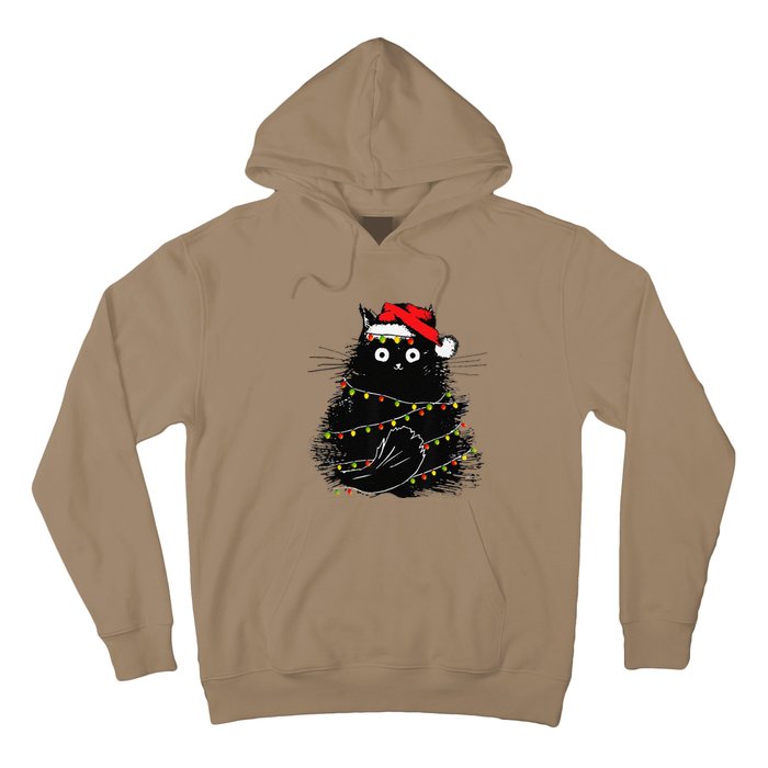 Christmas Lights Cat Black Fluffy Funny Santa Hat Cat Hoodie