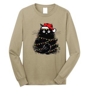 Christmas Lights Cat Black Fluffy Funny Santa Hat Cat Long Sleeve Shirt