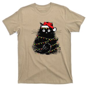 Christmas Lights Cat Black Fluffy Funny Santa Hat Cat T-Shirt