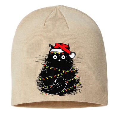 Christmas Lights Cat Black Fluffy Funny Santa Hat Cat Sustainable Beanie