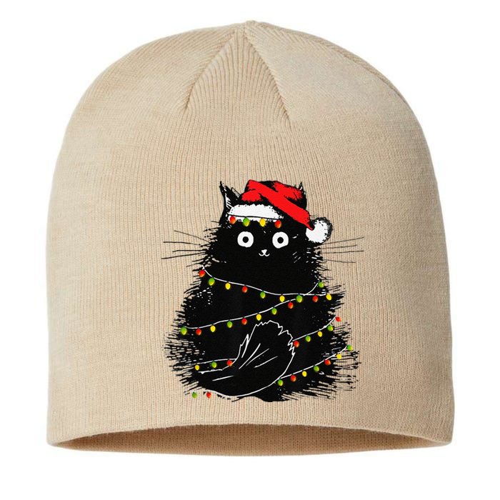 Christmas Lights Cat Black Fluffy Funny Santa Hat Cat Sustainable Beanie