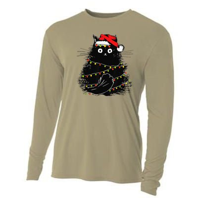 Christmas Lights Cat Black Fluffy Funny Santa Hat Cat Cooling Performance Long Sleeve Crew