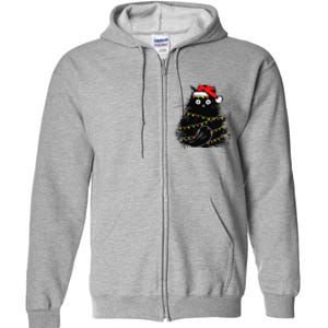 Christmas Lights Cat Black Fluffy Funny Santa Hat Cat Full Zip Hoodie