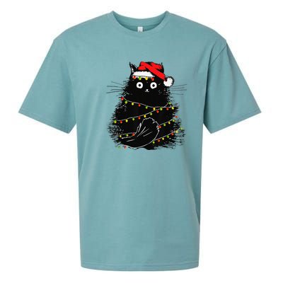 Christmas Lights Cat Black Fluffy Funny Santa Hat Cat Sueded Cloud Jersey T-Shirt