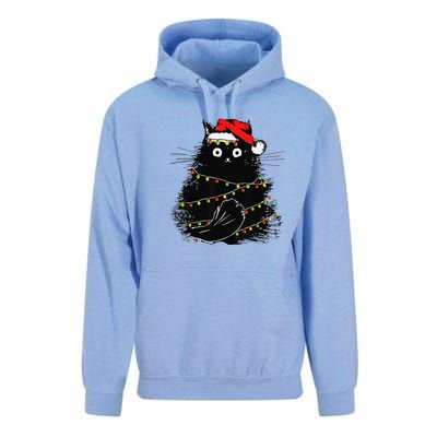 Christmas Lights Cat Black Fluffy Funny Santa Hat Cat Unisex Surf Hoodie